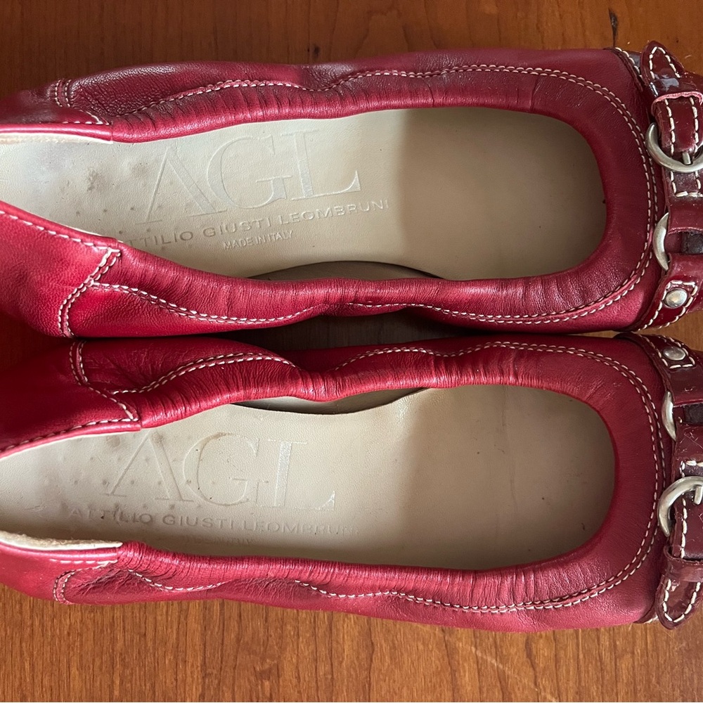 AGL Women's Red Leather Loafers with Buckle Detail